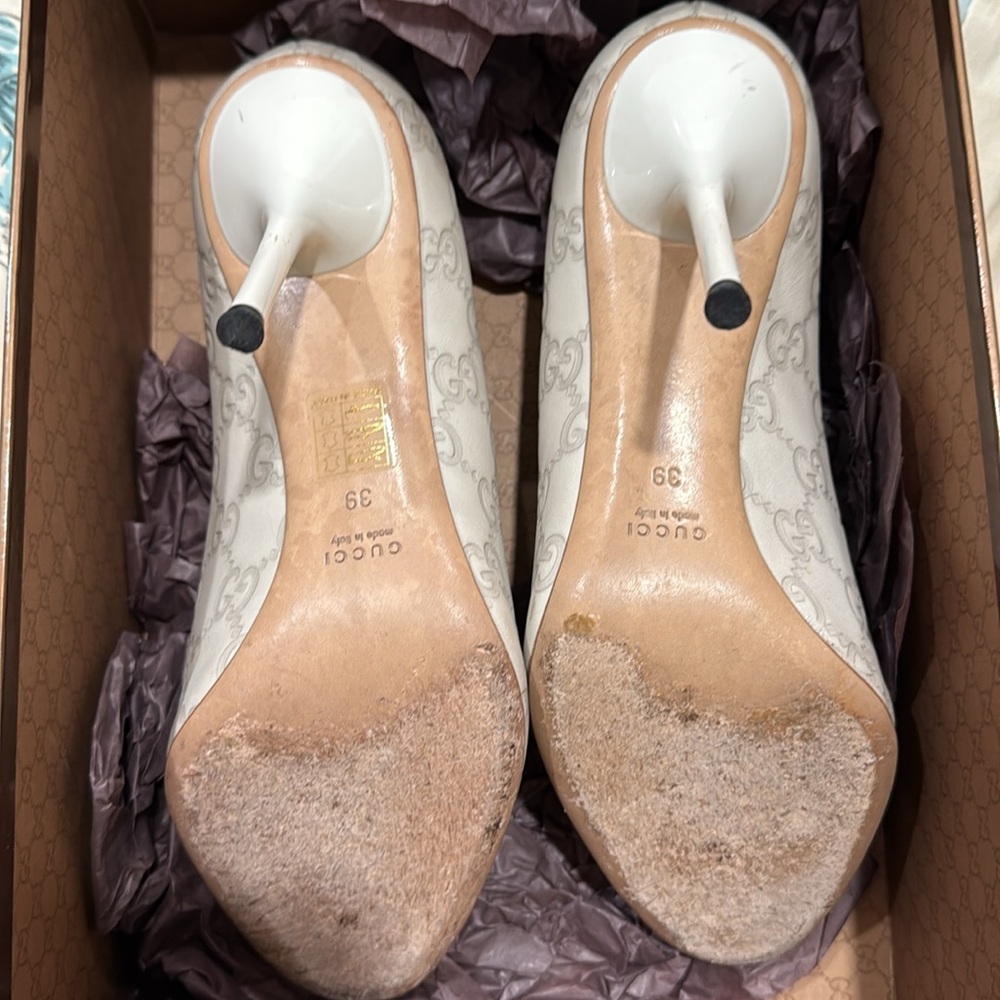 Gucci Cream Monogram Peep-Toe Heels - Picture 7 of 7